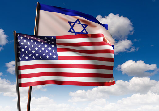 Israel and USA flag together. Symbol United States in sky. Concept negotiations between USA and Israel. Political support from America. Banner Israel in clouds. USA support for Jerusalem. 3d image
