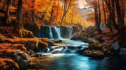 Colorful autumn, waterfall. Autumn colors in beautiful nature. Forest view in fall season