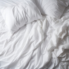 White bedding sheets and pillow background, Messy bed concept, Generative AI