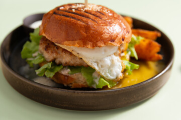 hamburger on a brown plate with fried potato and fried egg