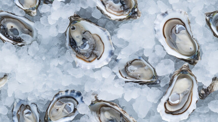 Fresh opened oyster offered as top view on crushed ice - obrazy, fototapety, plakaty