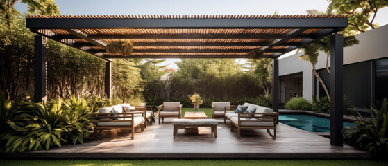Trendy outdoor patio pergola shade structure, awning and patio roof - obrazy, fototapety, plakaty