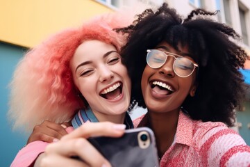 Female friends taking selfie with smart phone generative ai