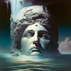 airbrush illustration 1970s scifi a roman head statue on its side submerged and floating in water on a space planet super wideshot 