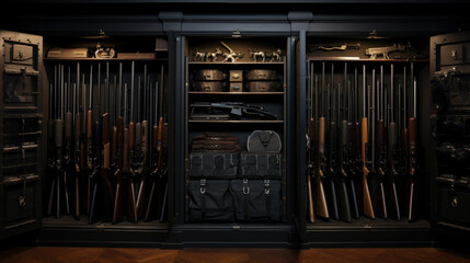 Obraz premium Safe for firearms. The inside of a gun cabinet. Safe storage of rifles, carbines, pistols. Black interior and gun holders.