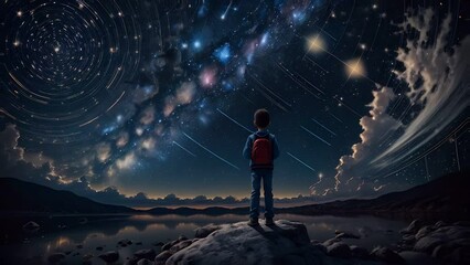 Boy see at night sky and dreaming about space travel. Generated with AI	