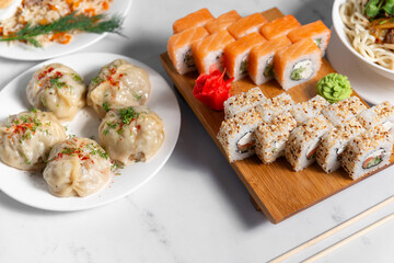 sushi rolls, manty, plov pilaf, oriental asian food banner