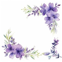 Watercolor floral wreath of purple flowers on a white background, lilac branches and foliage. Botanical illustration of flowers. Wedding decorations for design.