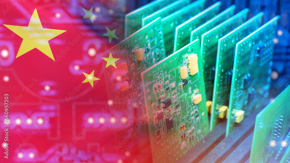 Aufkleber microchips made in china. digital boards with prc flag. green microchips for computers. pcb from chi