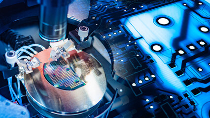 Production of digital boards. Semiconductor manufacturing machine. Robot creates microprocessor....