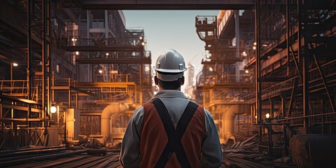 Diligent engineer in hardhat overseeing safety in industrial construction site at sunset. Portrait of professional male architect at work in setting. Team of skilled workers collaborating