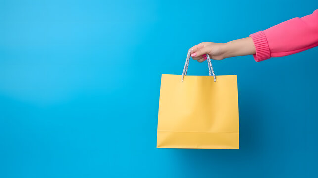 Gros plan sur une main d'une femme avec un sac de magasin pendant les soldes. En arri&egrave;re plan, un fond bleu. 