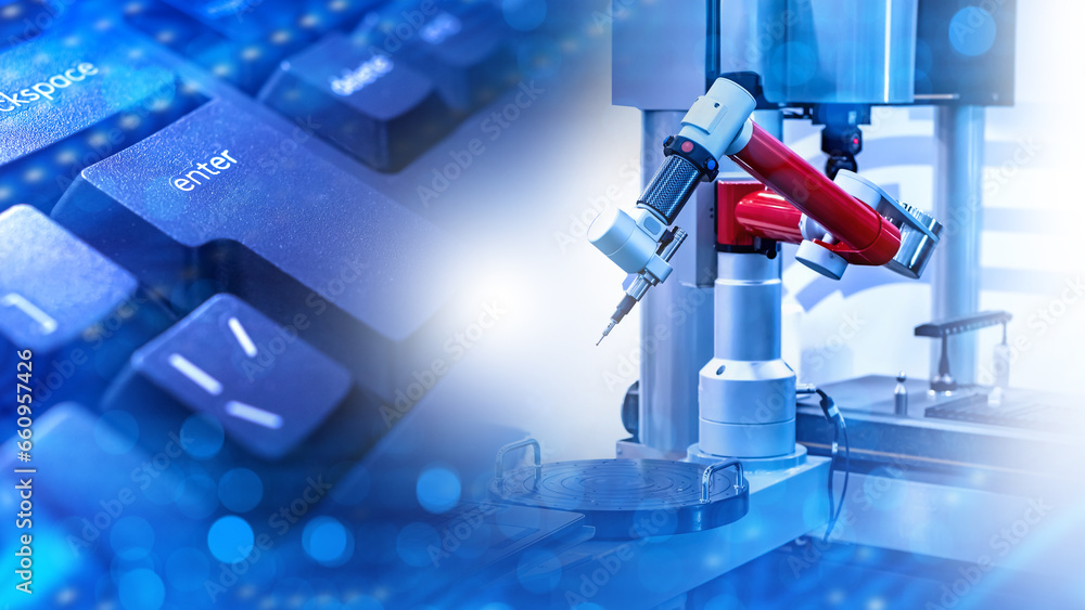 Poster industrial robot. hand manipulator. keyboard for controlling production robot. automatic soldering m