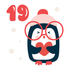 Christmas advent calendar with hand drawn element penguin. Day nineteen 19. Scandinavian style poster. Cute winter illustration for card, poster, kid room decor, nursery art