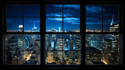 高層ビルの窓から見える都市の夜景 - obrazy, fototapety, plakaty