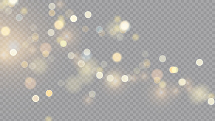 The dust sparks and golden stars shine with special light. Vector sparkles on a transparent background. . Stock royalty free vector illustration. PNG - obrazy, fototapety, plakaty