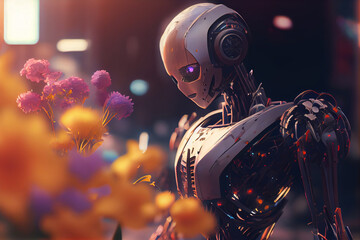 A human like AI robot collects flowers. The robotic object experiences feelings and emotions. The concept of technology development in the form of artificial intelligence.