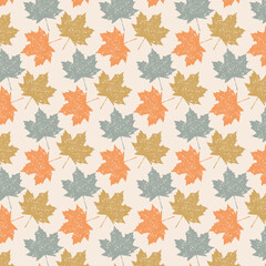 Autumn grunge leaves seamless pattern. Yellow, orange and blue leaves repeat on beige background. Scandinavian design vector illustration.