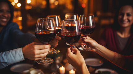 Des jeunes amis en train de boire un verre de vin rouge pendant une soirée festive.  - obrazy, fototapety, plakaty
