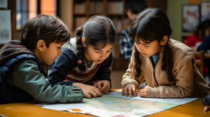 Des élèves à l'école en train d'étudier la géographie sur une carte.  - obrazy, fototapety, plakaty