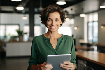 Portrait of an adult woman office tablet in her hands. Stylish adult woman smiling and looking at the camera against the backdrop of a modern coworking space.