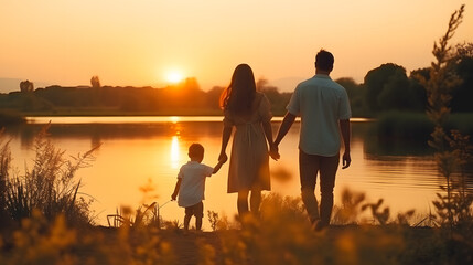 Un papa, une maman et leur fils se tenant la main de dos avec un coucher de soleil au bord de mer. - obrazy, fototapety, plakaty
