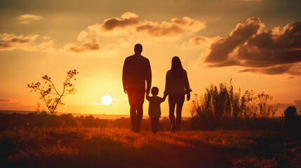 Une famille avec un papa, une maman et un enfant se tenant la main de dos avec un coucher de soleil. - obrazy, fototapety, plakaty