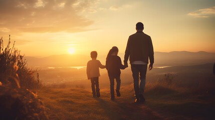 Un père, son fils et sa fille de dos avec un coucher de soleil pendant un voyage.  - obrazy, fototapety, plakaty