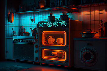 Modern kitchen with neon lights in the evening. Smart house interior.