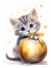 . A cute kitten is playing with a ball for a Christmas tree.  Christmas story. Christmas night.  Watercolor painting Christmas illustration. New Year's dreams. Kitten isolated on the white background.