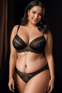 Beauty curve plus size fat woman in a black underwear lingerie in studio shot.Long dark hair.Digital creative designer fashion art.