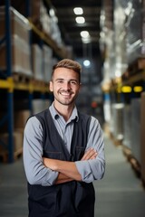 Portrait of smiling male industrial worker in warehouse storage center generative ai