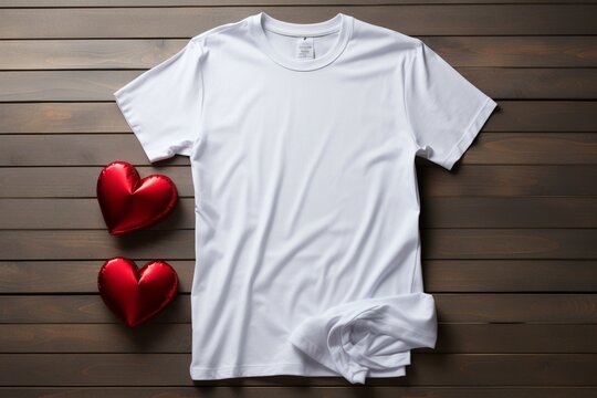 Blank front view t shirt template, heart shape on wooden background, flat lay