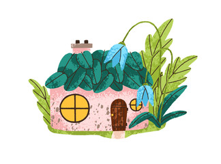 Fairytale home. Cute fantasy dwarf, gnome house in nature. Fairy tale small building with leaf roof, flower, little door, tiny window. Flat graphic vector illustration isolated on white background