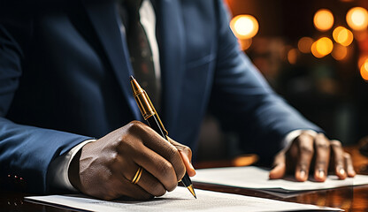 Businessman signs documents with a pen making the signature sitting at the desk . - obrazy, fototapety, plakaty