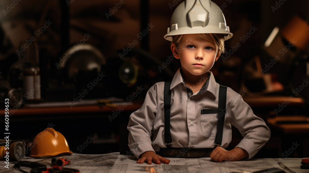 Poster portrait of a little boy looking like an engineer or architect wearing a helmet with blueprints on a