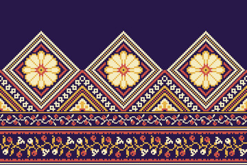 flower embroidery on purple background. ikat and cross stitch geometric seamless pattern ethnic oriental traditional. Aztec style illustration design for carpet, wallpaper, clothing, wrapping, batik.