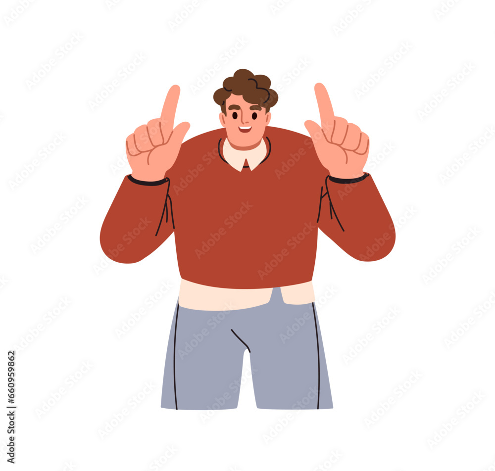 Poster happy man pointing up with index fingers. smiling person employee showing something, promoting, adve