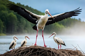 white stork in the nest - obrazy, fototapety, plakaty