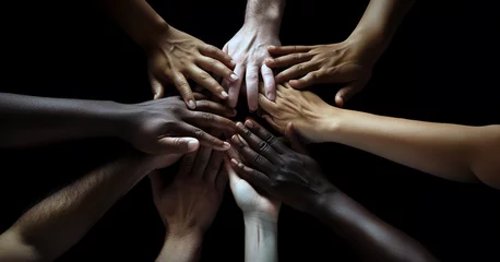 Deurstickers Work together, support each other, diversity, unity concept with many hands put together in the air. Hands of people of different colors. Generative AI image. © bagotaj
