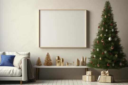 Christmas interior mockup framed against a cream wall in a cozy living room