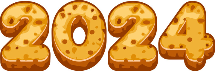 2024 text in gingerbread cookies style. New Year, sweet, dessert. Winter holiday theme.