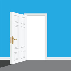 Open door entrance realistic doorway isolated on white background.