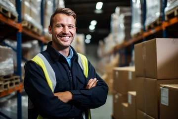 Zelfklevend Fotobehang Portrait of smiling male industrial worker in warehouse storage center generative ai © Gilang