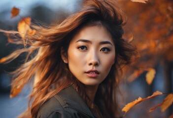 Asian woman looking off into the distance while standing in a park at autumn - 660960805