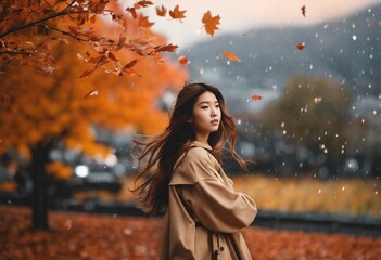Asian woman looking off into the distance while standing in a park at autumn - 660960806
