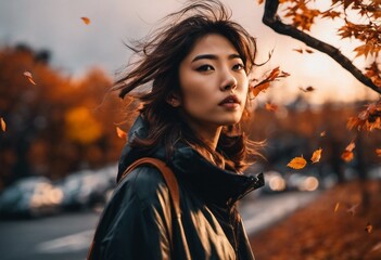 Asian woman looking off into the distance while standing in a park at autumn