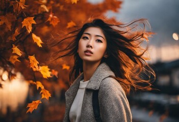 Asian woman looking off into the distance while standing in a park at autumn - 660960829
