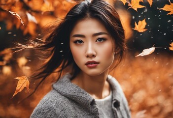 Asian woman looking off into the distance while standing in a park at autumn