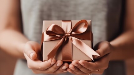 Beautiful pastel beige gift box in female hands. Close up. Birthday, Christmas or New Year present. - obrazy, fototapety, plakaty